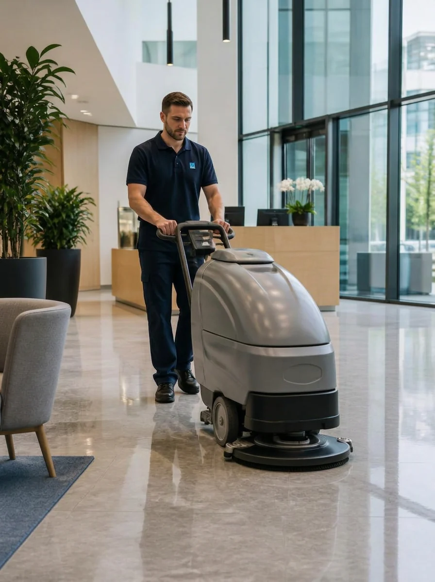 New Era team member in a navy uniform operating a professional grey floor scrubber across the polished floor of a modern corporate office lobby