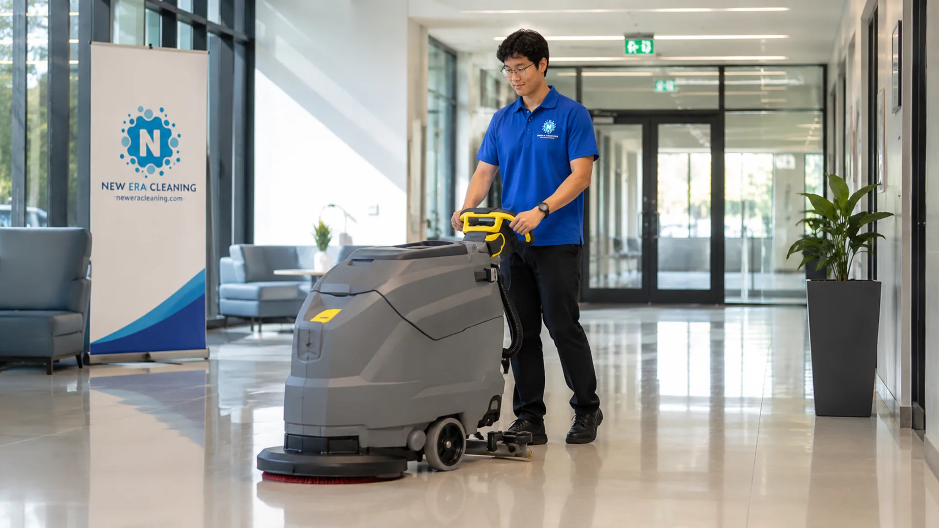 New Era cleaner machine-scrubbing the polished floor of a bright commercial building lobby